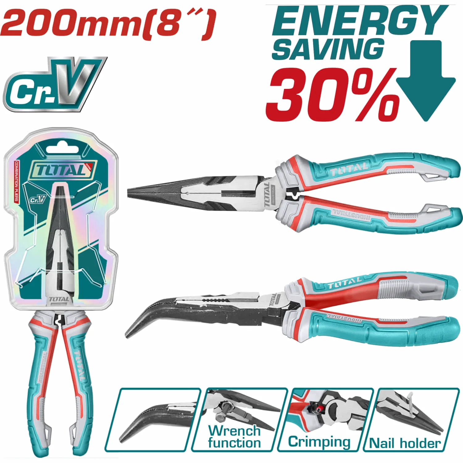 Alicates De Punta Doblada De Alto Apalancamiento 8" Ahorro De Energía 30% Cr-V. Tratamiento Superficial. Acabado Negro Y Pulido. Con Función De Engarzado, Corta Uñas Y Llave Inglesa. - Image 2