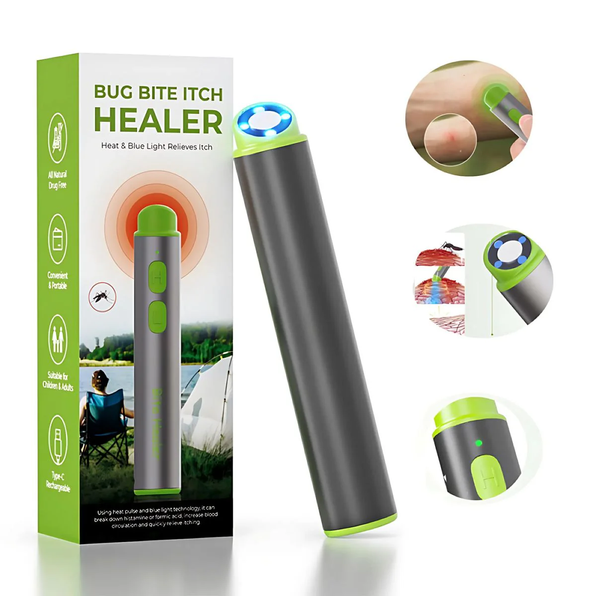 Aliviador De Picaduras De Mosquitos E Insectos. Recargable Con Luz Azul Y Calor. Sin Químicos, Seguro Para Niños Y Adultos.