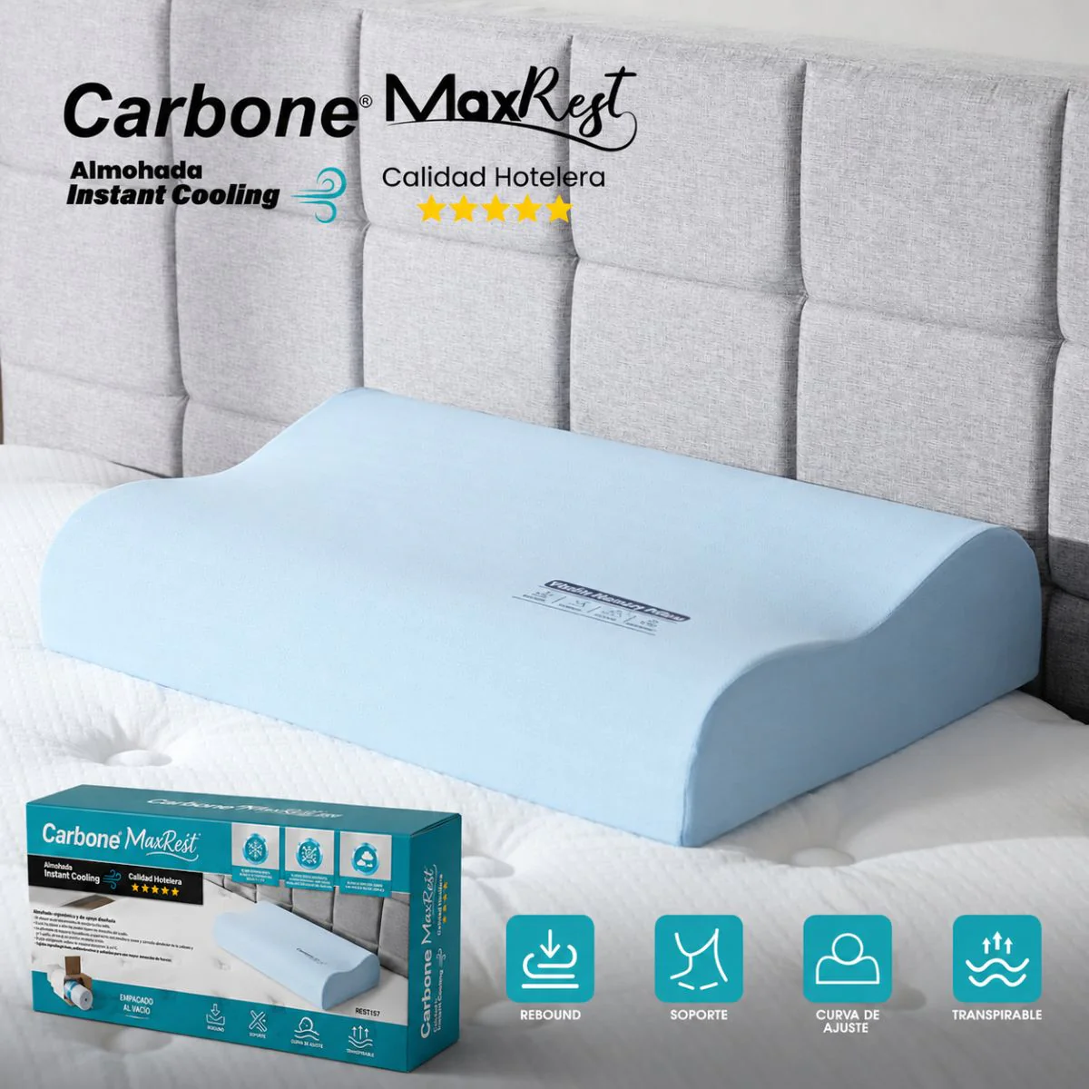 Almohada Cervical 60X40cm Carbone Maxrest. Memory Foam Hipoalergénica Con Enfriamiento Instantáneo. Calidad Hotelera 5 Estrellas.