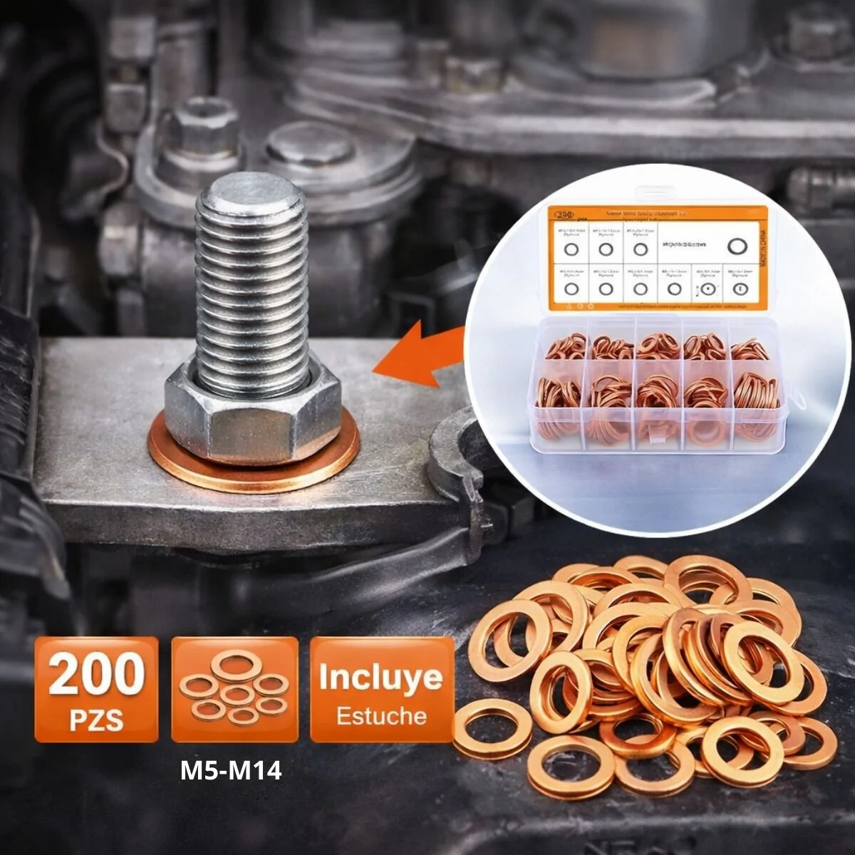 Arandelas De Cobre Métricas Set Surtido 200 Piezas Para Sellado M5 A M14, Alta Resistencia Y Ajuste Preciso. Guachas