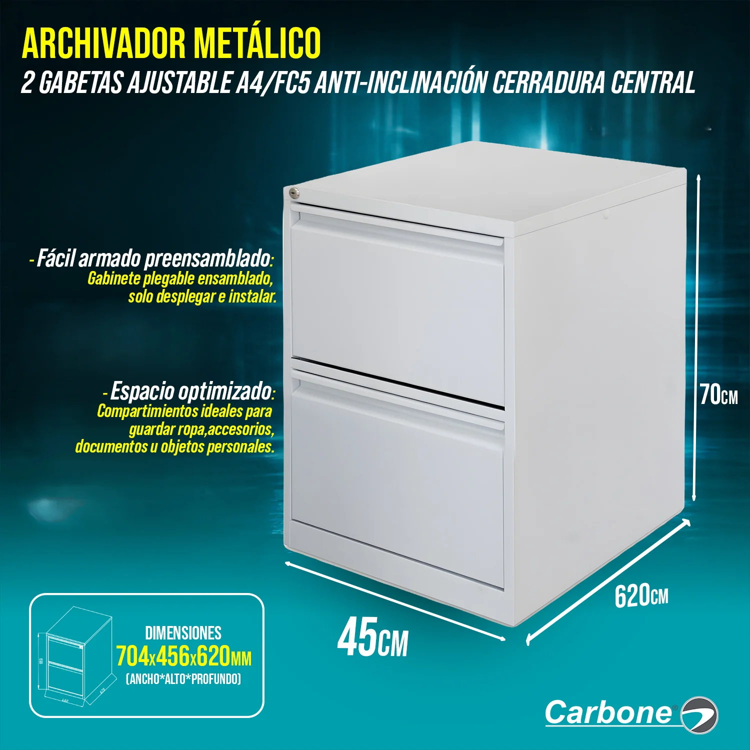 Archivador Metalico 2 Gabetas Ajustable A4/FC5 Anti-Inclinación Cerradura Central 704X456x620mm