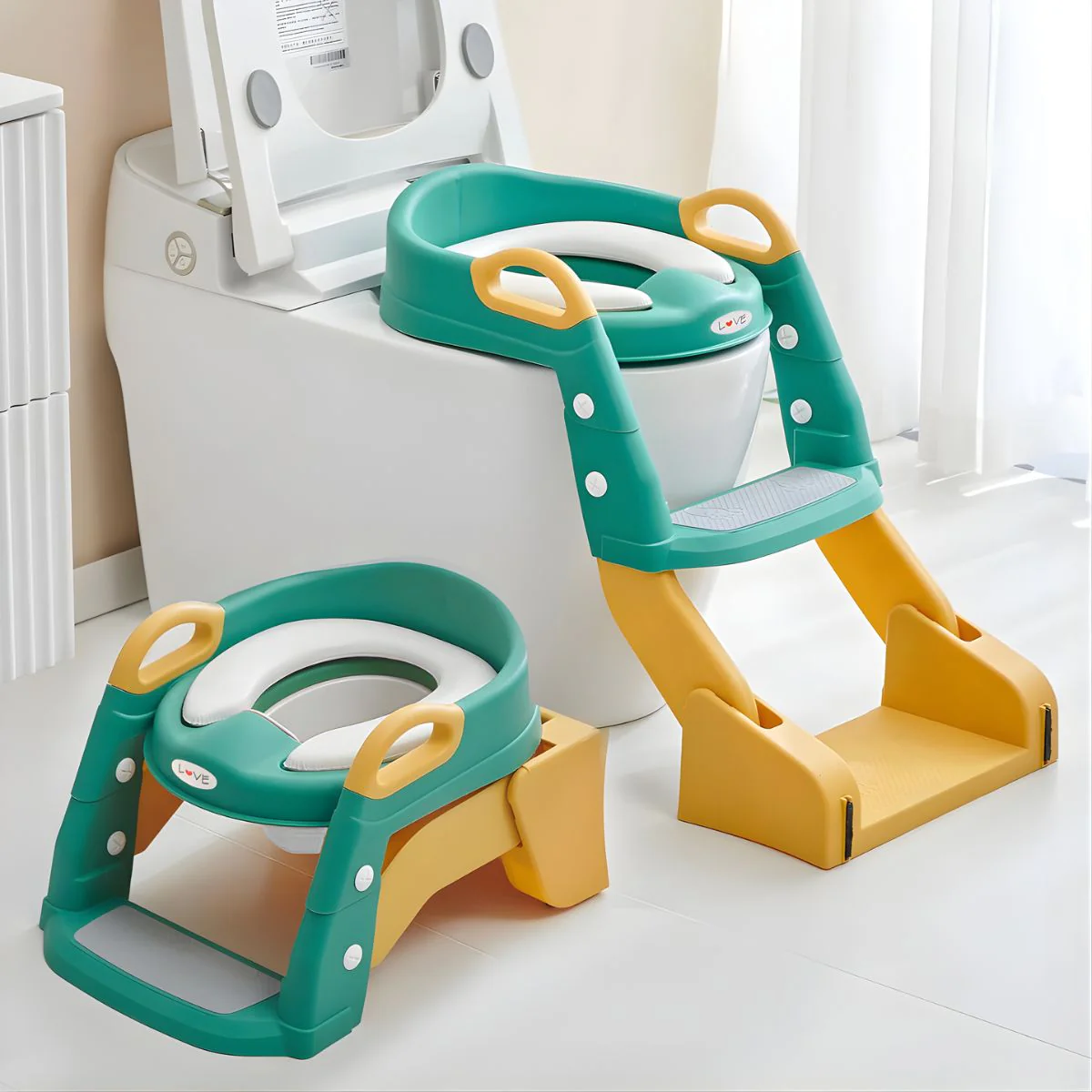 Asiento Escalera De Entrenamiento Silla De Inodoro Para Niños. (2 En 1) Escalera Infantil Potty Trainer. Escalerita Para Bebe. Color Verde.