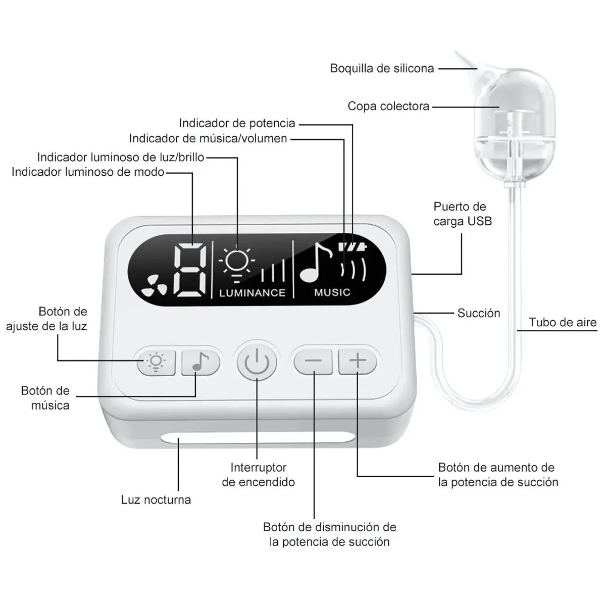 Aspirador Nasal Eléctrico Para Bebés Y Niños. Succiona Mocos Con Luz Nocturna Y Música (9 Niveles De Intensidad). De Bateria Recargable Con USB C - Image 6