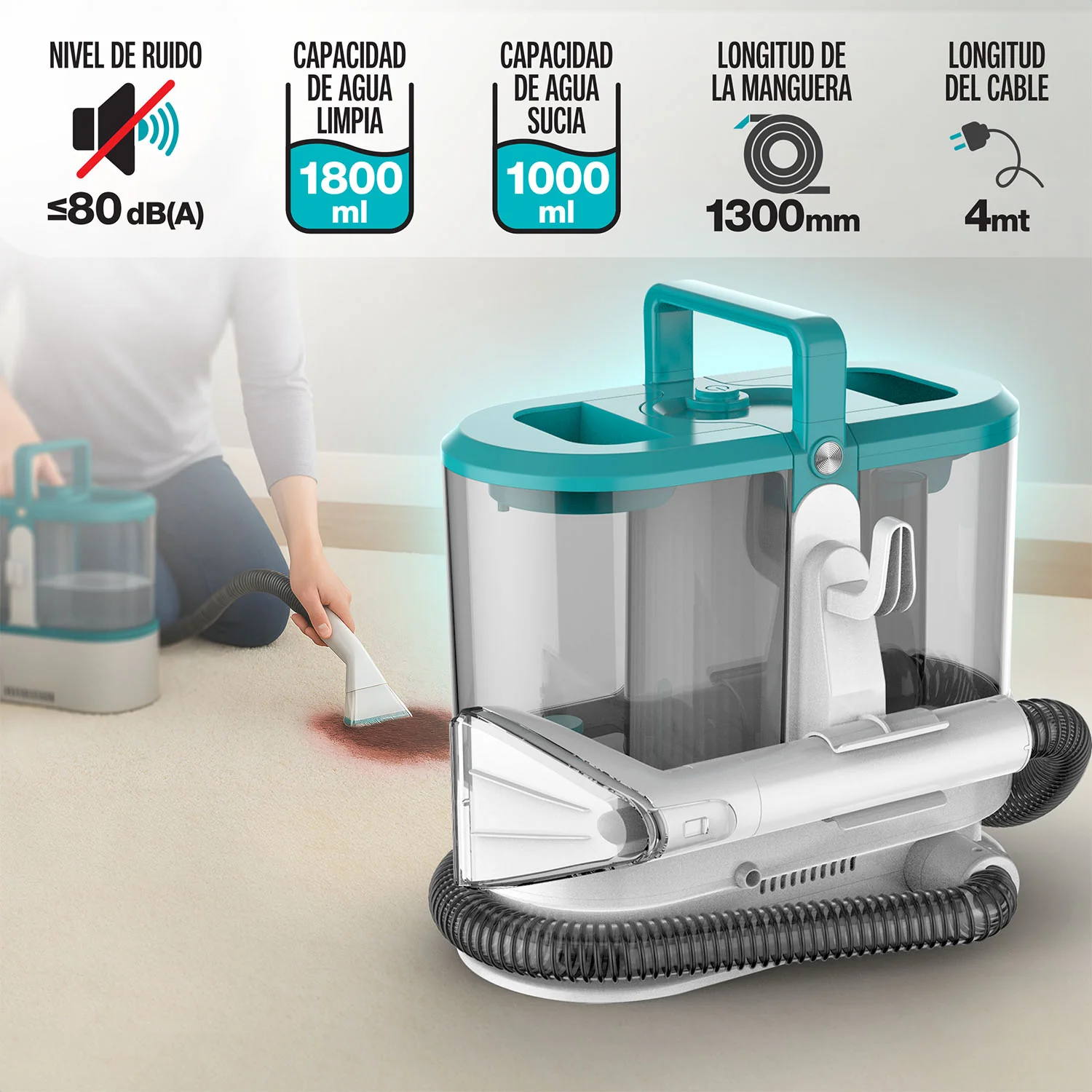 Aspiradora De Agua Spot Cleaner Limpieza De Alfombras Y Tapicería. Portátil,  500W, 120 V, 60 Hz, 1.8 L, Poder De Succión 13 Kpa. Incluye Dos Escobillas. Quita Manchas - Image 2