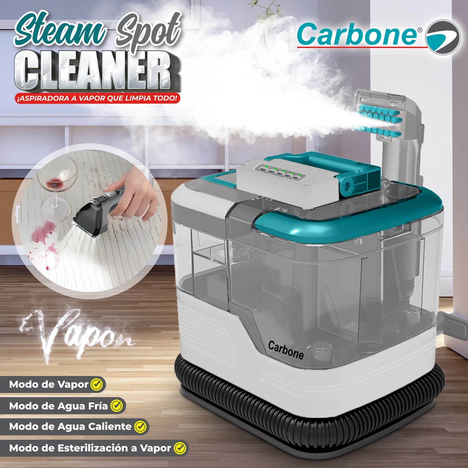 Aspiradora De Agua A Vapor Para Limpieza Profunda De Muebles, Alfombras Y Tapicería. Portátil, 1650 W, 120 V, 60 Hz, 2 L, Aspiración 13 Kpa. Spot Cleaner Quitamanchas.
