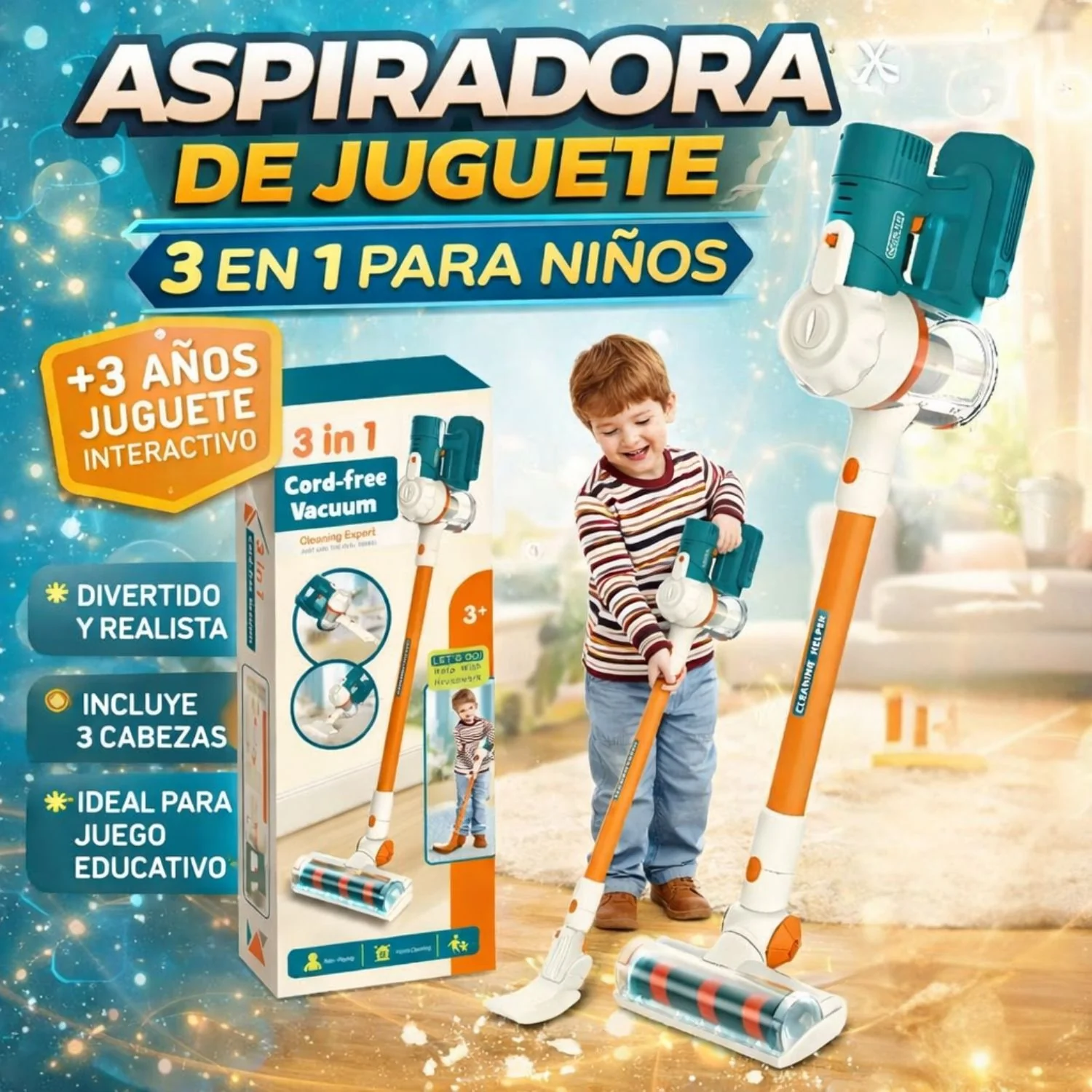Aspiradora De Juguete Infantil 3 En 1. Juego Interactivo De Limpieza Con Luz Y Musica. Incluye 3 Cabezales Intercambiables.