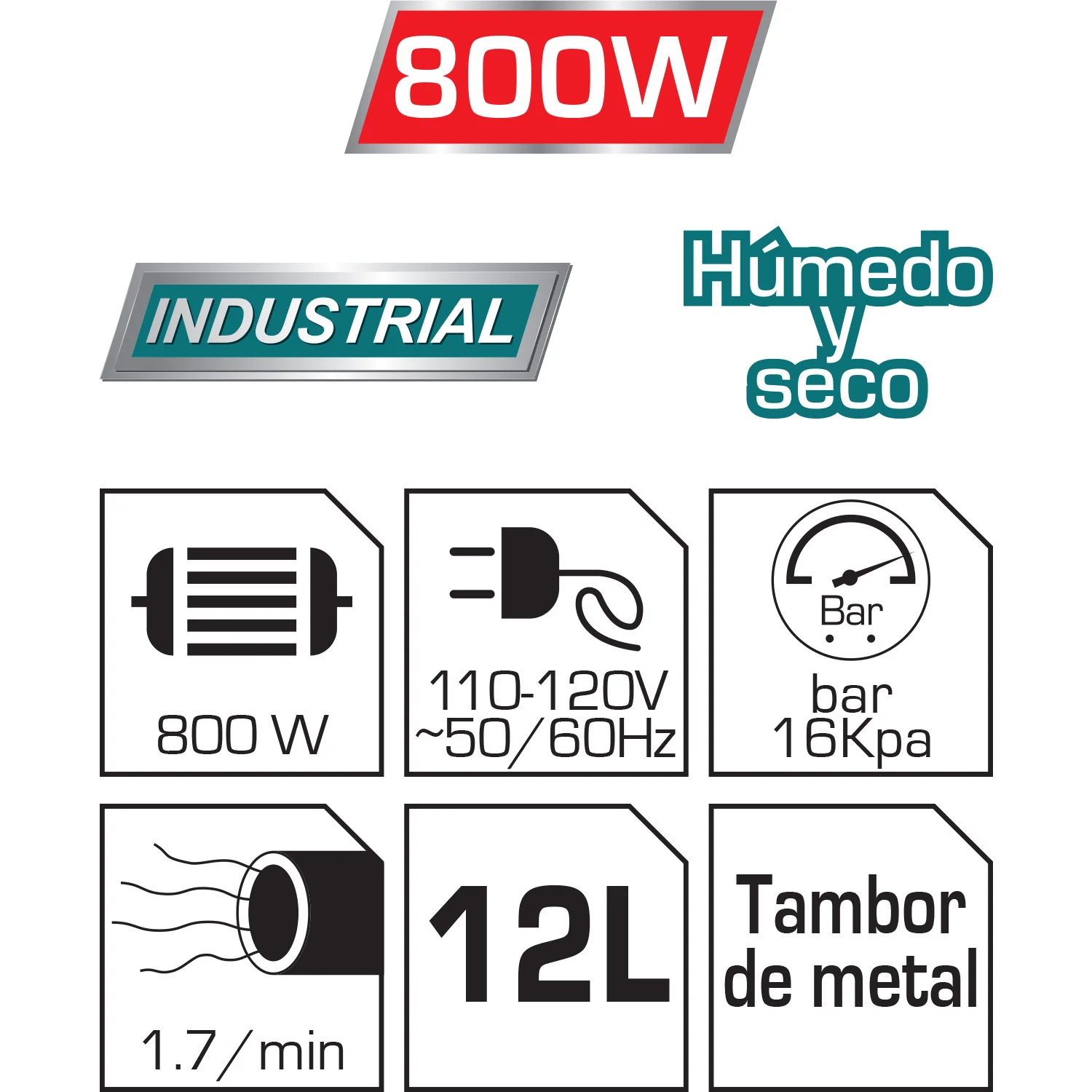 Aspiradora De Limpieza Seco O Mojado 12 L. 800W. Tanque Acero Inoxidable. 110V-120V/60Hz - Image 3