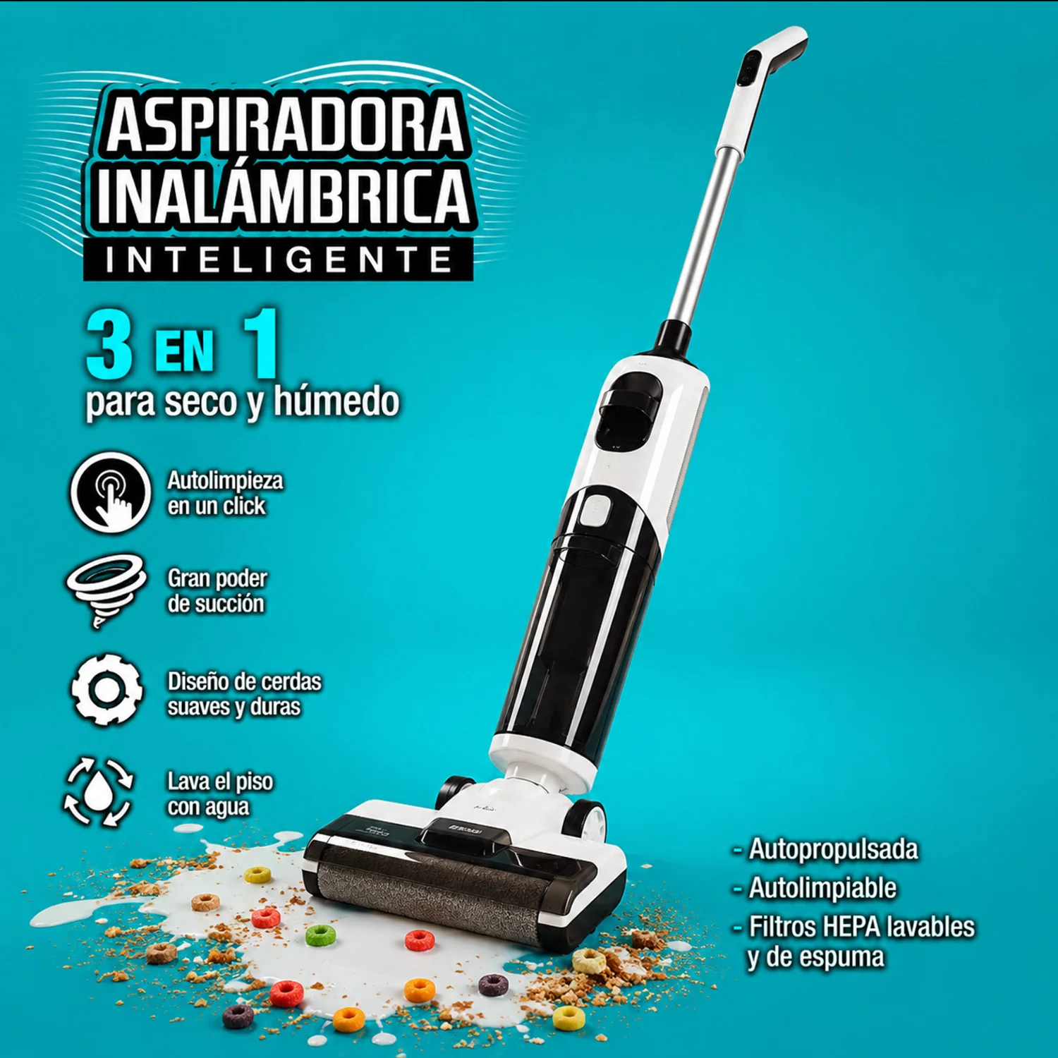 Trapeador Fregona Mopa Aspiradora Electrica Inteligente Inalámbrica Recargable, Mopea Y Aspira, Agua Seco Y Húmedo. 170W Batería 2600 Mah Función De Autolimpieza