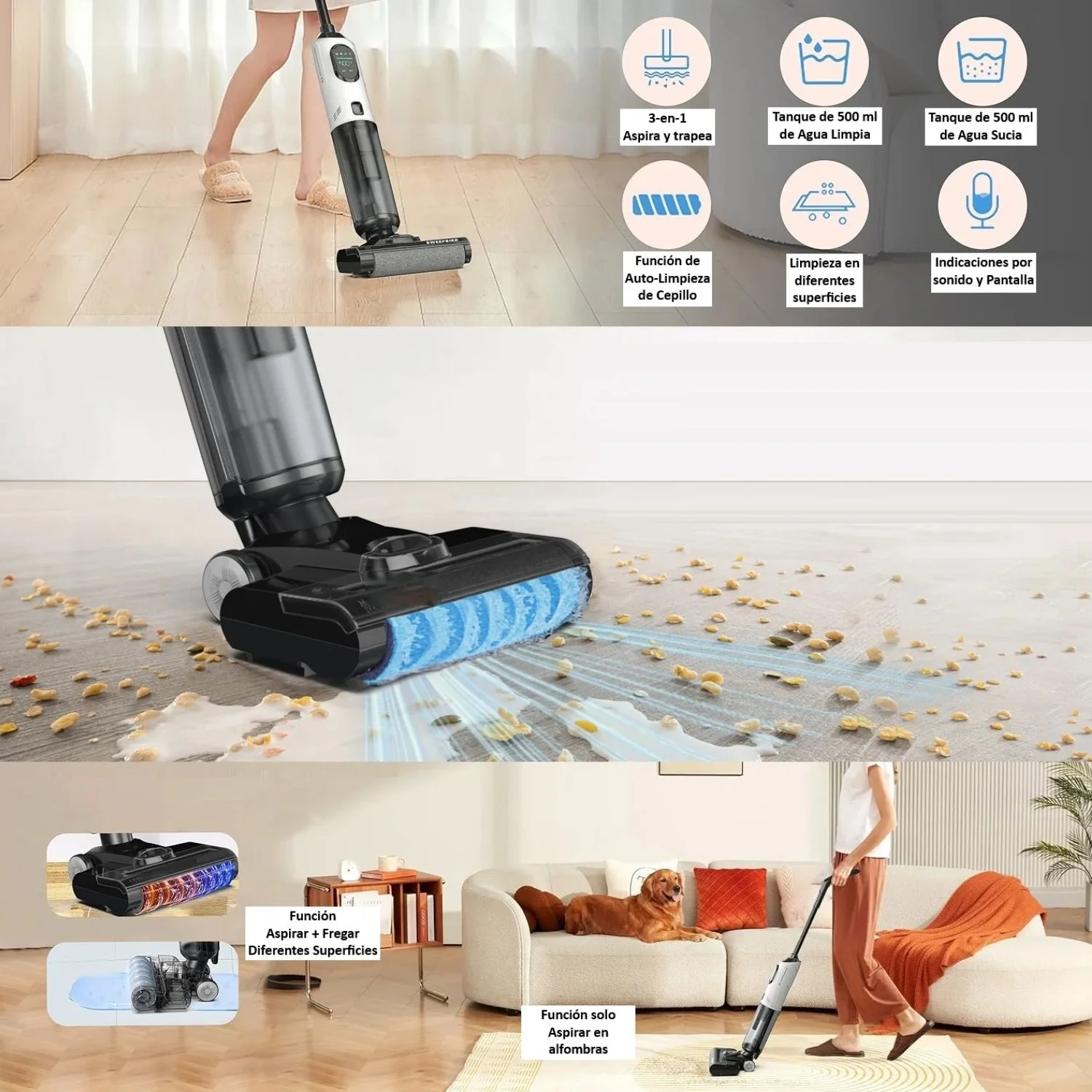 Trapeador Fregona Mopa Aspiradora Electrica Inteligente Inalámbrica Recargable, Mopea Y Aspira, Agua Seco Y Húmedo. 170W Batería 2600 Mah Función De Autolimpieza - Image 2