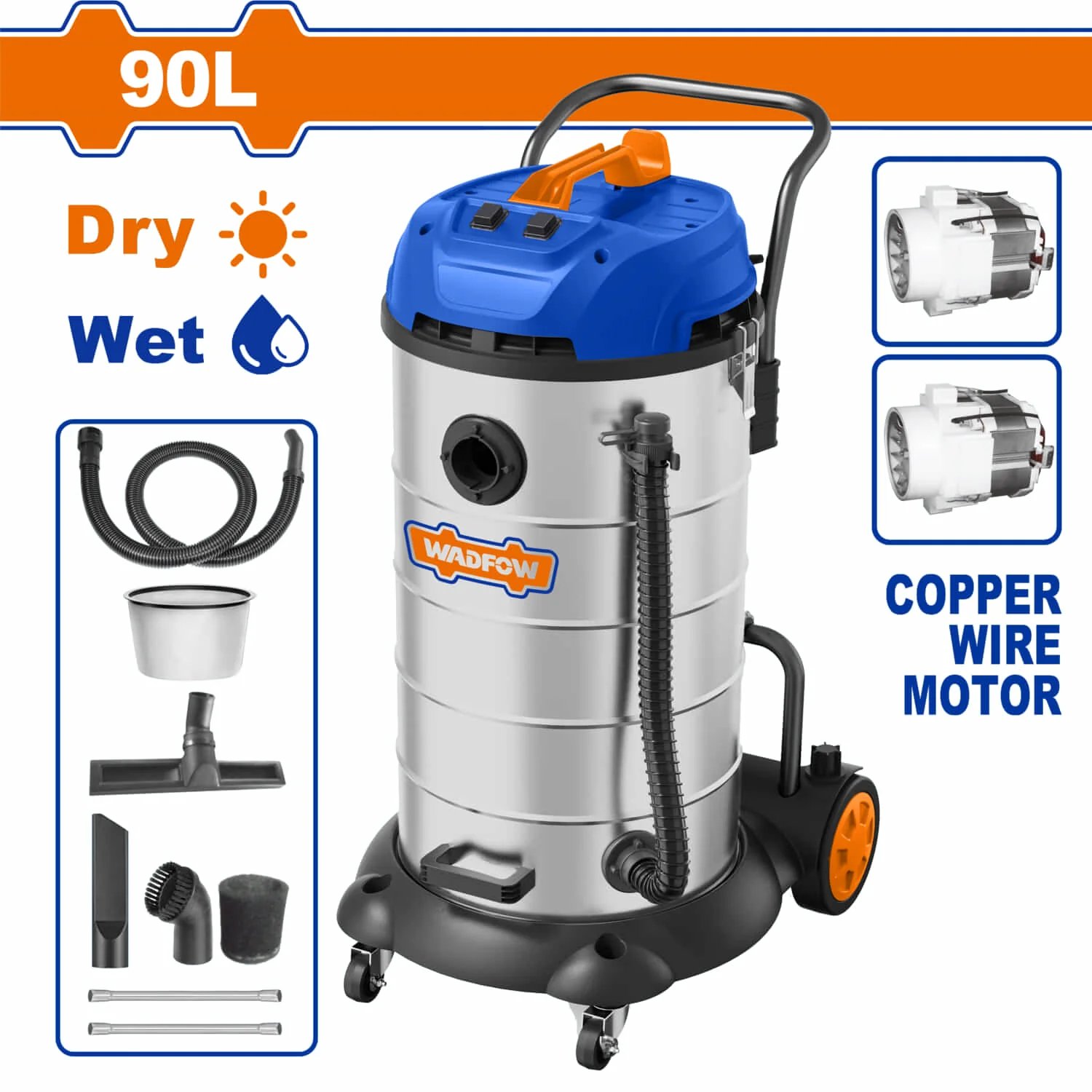 Aspiradora De Limpieza 2 En 1 90L 2X1200w Limpieza Húmeda Y Seca 110V-120V~60Hz. Función De Manguera De Desagüe. Incluye Accesorios. Aspirador