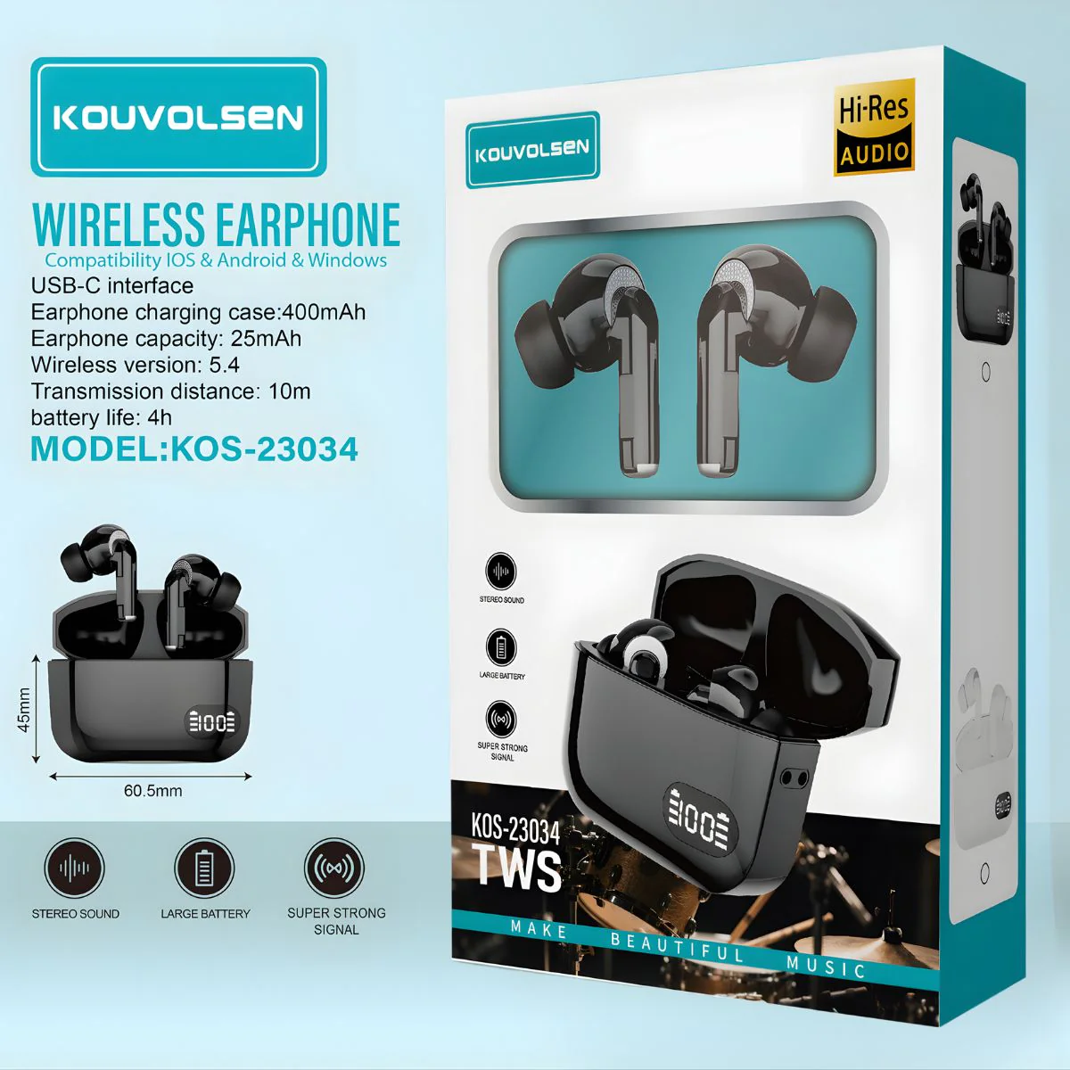 Audífonos Inalámbricos Bluetooth 5.4 TWS Hi-Res Audio. Auriculares Estéreo Con Pantalla LED 400Mah. Color Negro.