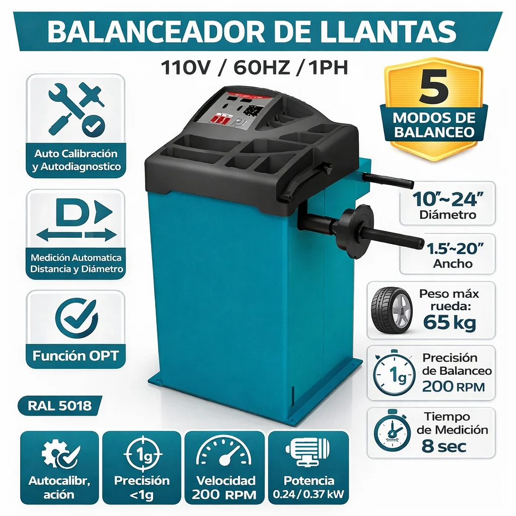 Balanceador De Llantas U-520 110V/60HZ/1PH. 200 Rpm. D: 10"~ 24" Anch: 1.5"~ 20" 5 Modos De Equilibrio.