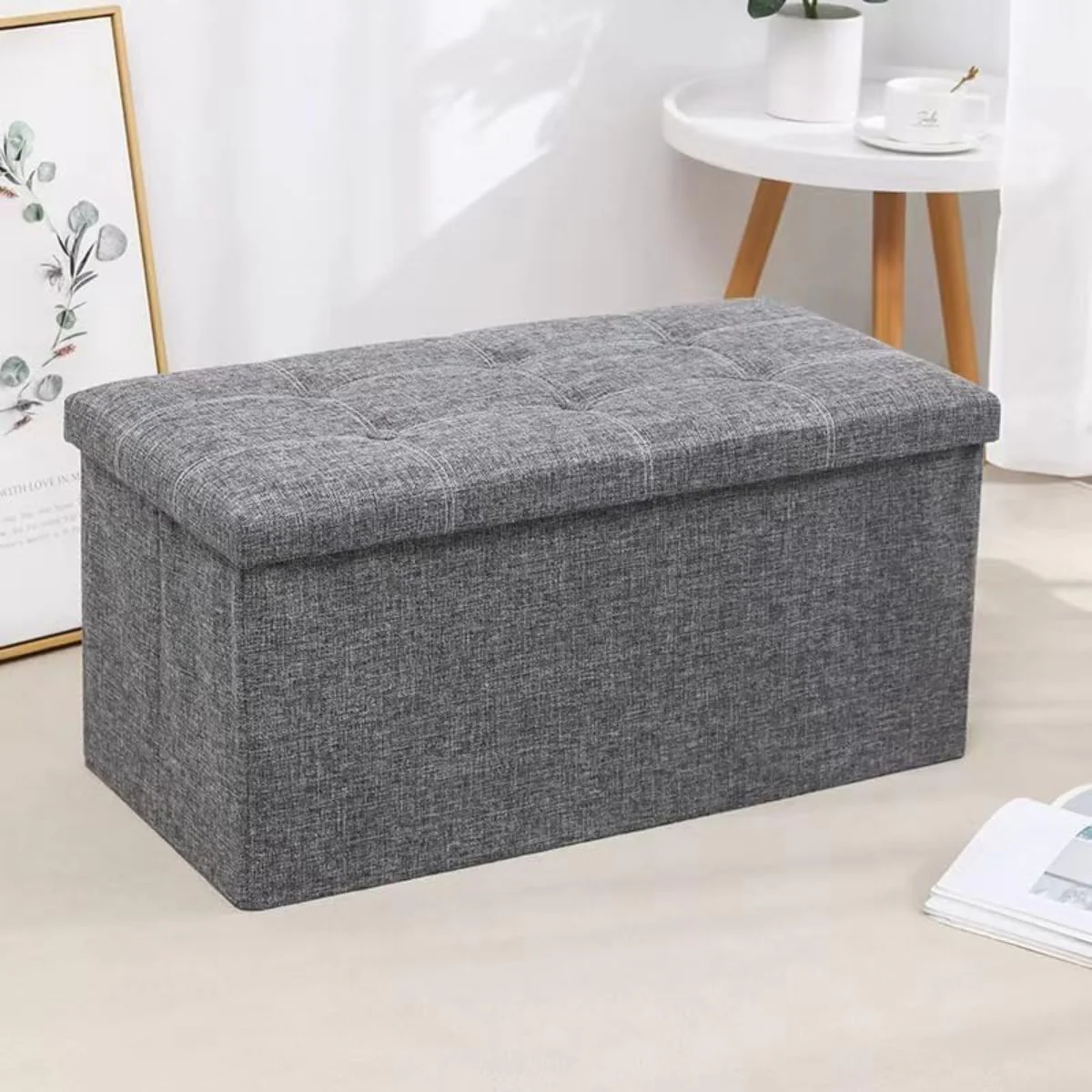 Banco Plegable. Puf Otomano Doble 76X38x38. Baúl Organizador. Color Gris. Caja Banco Con Espacio De Almacenaje.