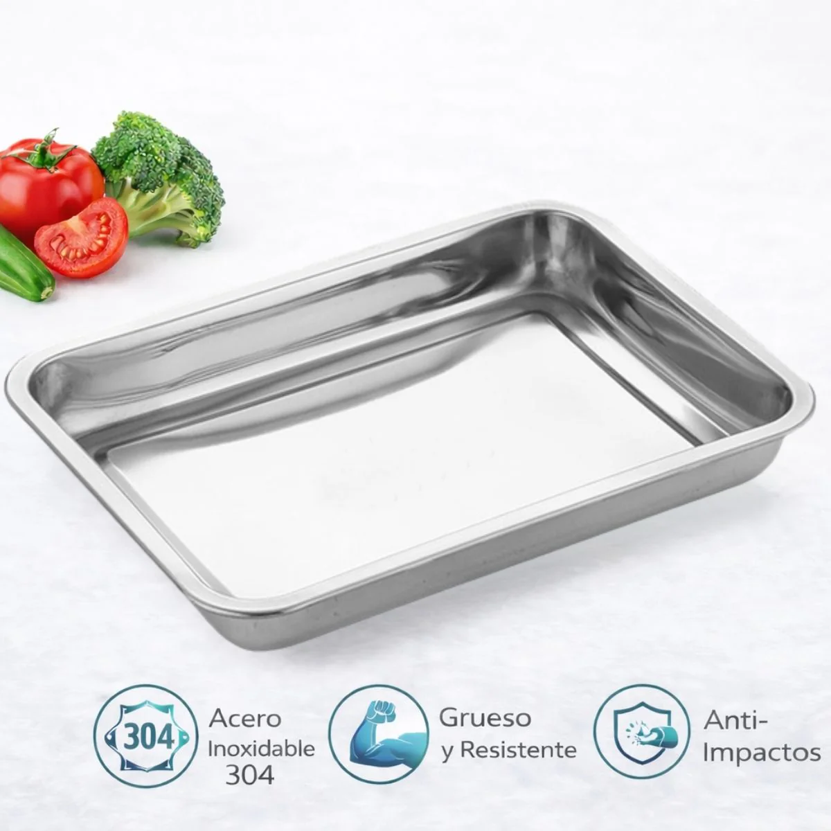 Bandeja Cuadrada De Acero Inoxidable 304 Grado Alimenticio, Bordes Redondeados Y Acabado Espejo, Uso Doméstico Y Comercial 27X20x4.8Cm