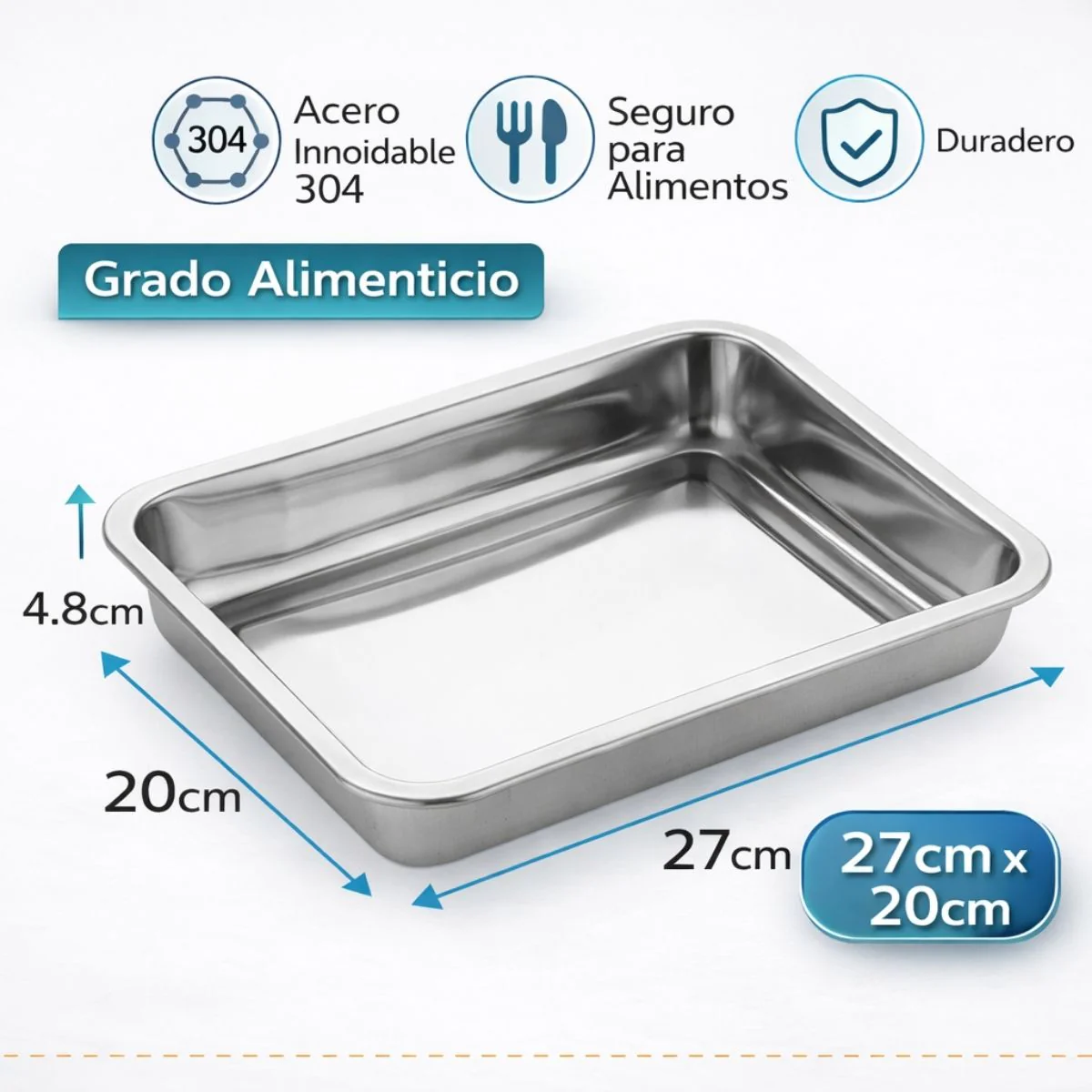 Bandeja Cuadrada De Acero Inoxidable 304 Grado Alimenticio, Bordes Redondeados Y Acabado Espejo, Uso Doméstico Y Comercial 27X20x4.8Cm - Image 2