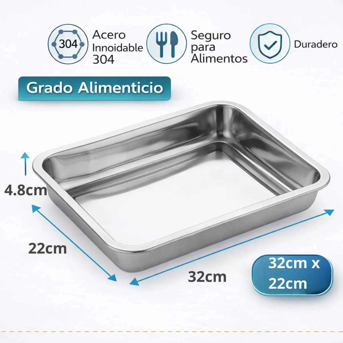 Bandeja Cuadrada De Acero Inoxidable 304 Grado Alimenticio, Bordes Redondeados Y Acabado Espejo, Uso Doméstico Y Comercial 32X22x4.8Cm