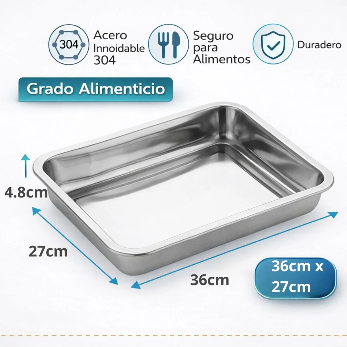 Bandeja Cuadrada De Acero Inoxidable 304 Grado Alimenticio, Bordes Redondeados Y Acabado Espejo, Uso Doméstico Y Comercial 36X27x4.8Cm