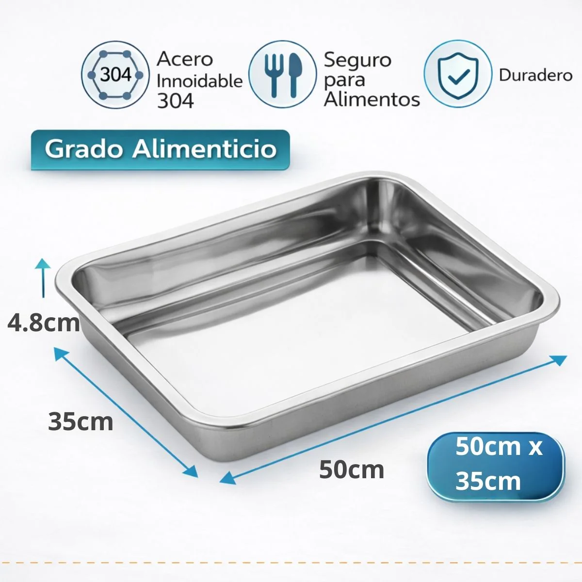 Bandeja Cuadrada De Acero Inoxidable 304 Grado Alimenticio, Bordes Redondeados Y Acabado Espejo, Uso Doméstico Y Comercial 50X35x4.8Cm