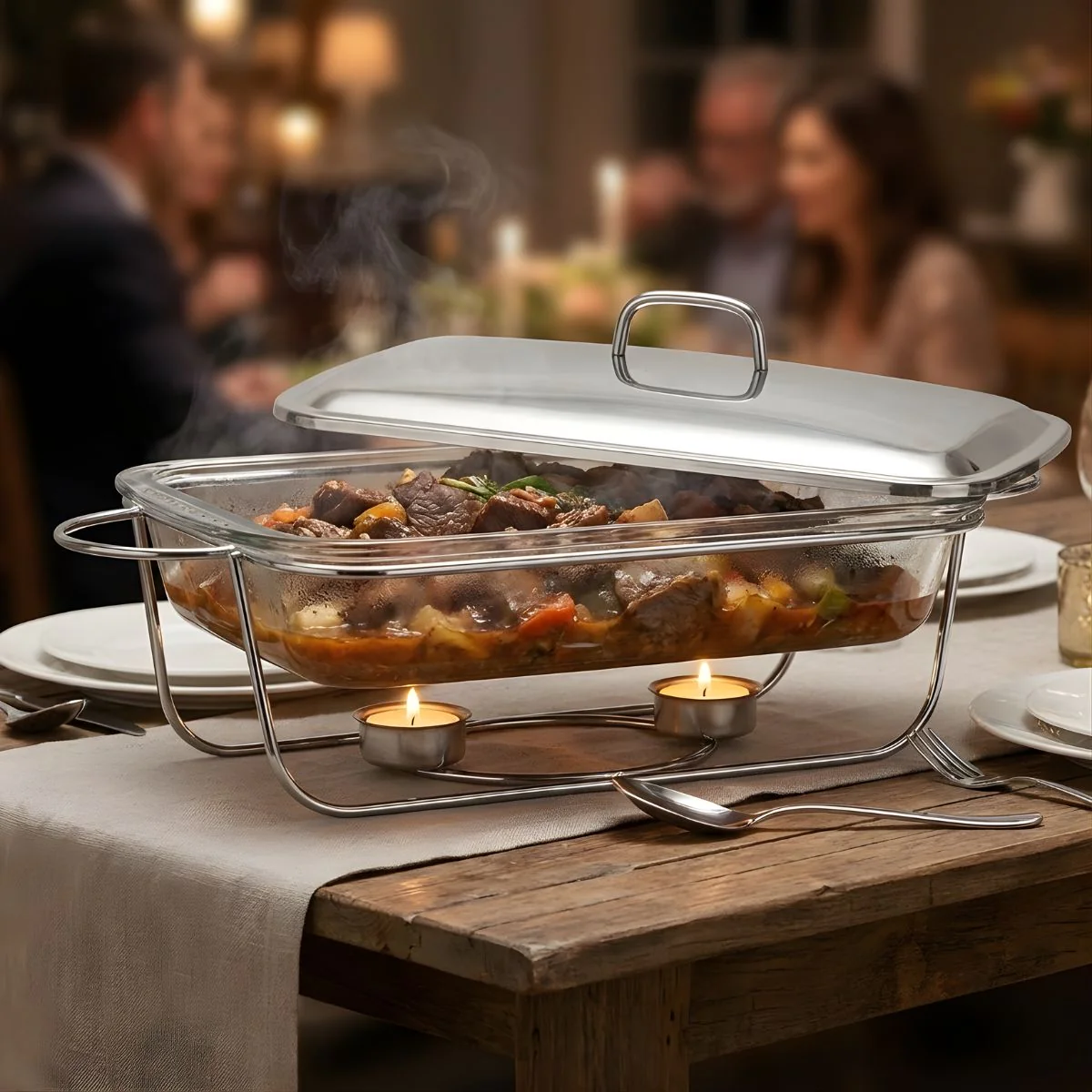 Bandeja De Comida Para Buffet. Chafing Dish De Vidrio 3.6L Con Soporte. Bandeja Rectangular Para Catering (38.5×23.5×6Cm).