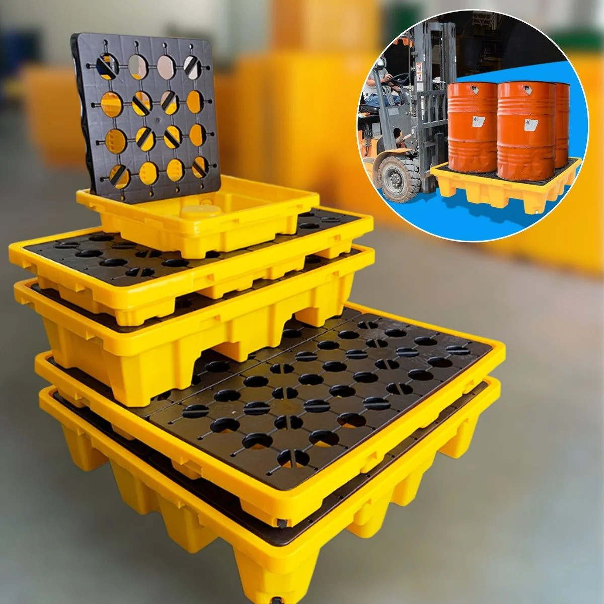Bandeja De Contención Antiderrames De HDPE Para 2 Tanques 51.2X26.8"X11.8" (Cap 32 Gal). Plataforma De Almacenamiento De Pintura Apilable Para Tambores Y Cubos.
