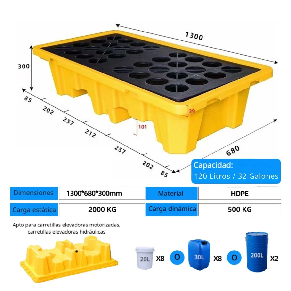 Bandeja De Contención Antiderrames De HDPE Para 2 Tanques 51.2X26.8"X11.8" (Cap 32 Gal). Plataforma De Almacenamiento De Pintura Apilable Para Tambores Y Cubos. - Image 2