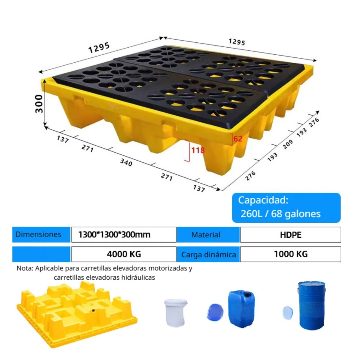 Bandeja De Contención Antiderrames De HDPE Para 4 Tanques 51.2X51.2"X11.8" (Cap 68 Gal). Plataforma De Almacenamiento De Pintura Apilable Para Tambores Y Cubos. - Image 2