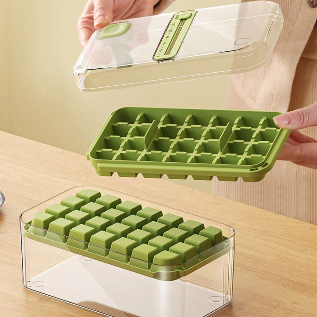 Bandeja Para Cubitos De Hielo Con Tapa Y Contenedor. Hielera Moldes Apilables Para Hielo. Color Verde. - Image 4