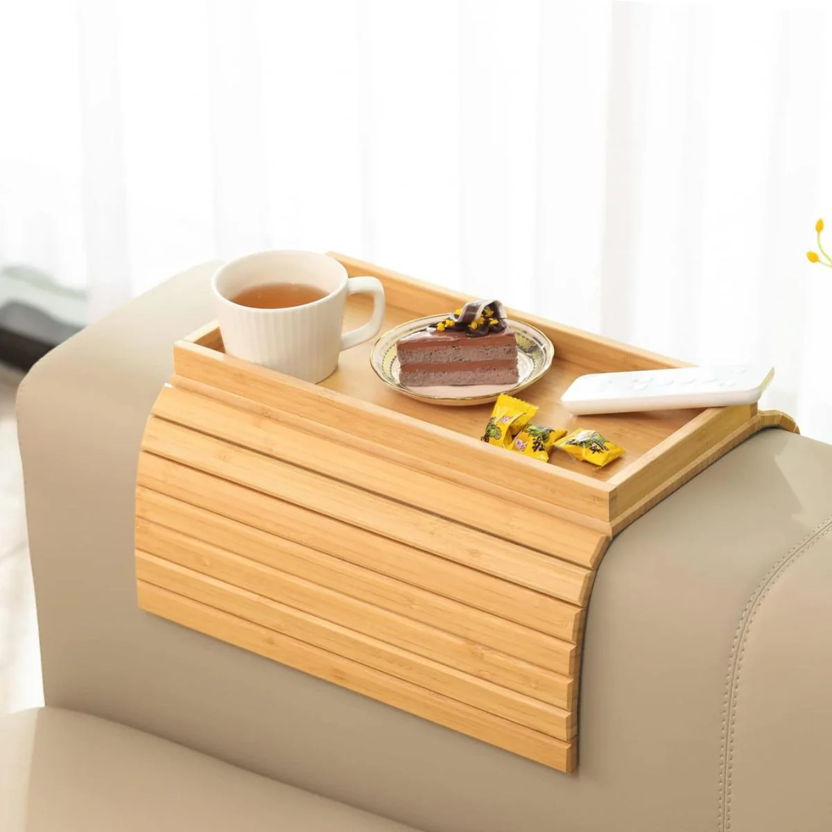 Bandeja Plegable Bambu Para Sofá. Mesa Lateral Para Brazo Del Sillón. Ideal Para Controles Y Bebidas.