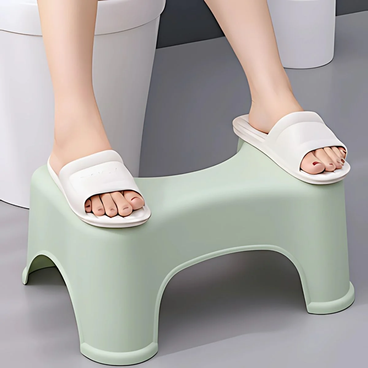 Banquito Para Inodoro. Taburete Ergonómico De Plástico Para El Baño Antideslizante Color Blanco Verde.