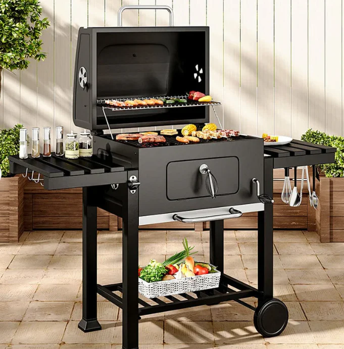 Barbacoa A Carbón Asador. Parrillera Multifuncional: BBQ, Asador Y Ahumador Compacto De Acero Inoxidable. Termómetro Integrado.