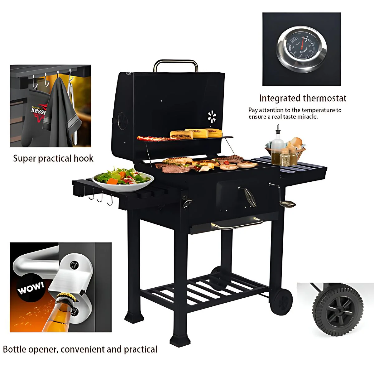 Barbacoa A Carbón Asador. Parrillera Multifuncional: BBQ, Asador Y Ahumador Compacto De Acero Inoxidable. Termómetro Integrado. - Image 3
