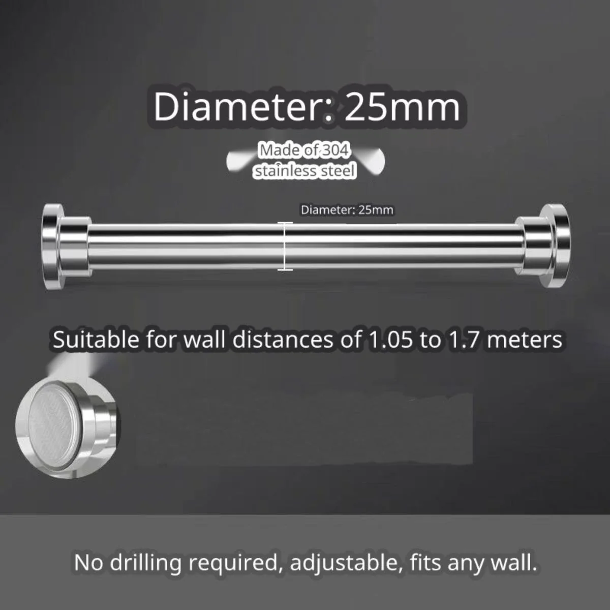 Barra Ajustable Para Cortinas , Closets Y Duchas De Acero Inoxidable. Barra Extensible. Sin Perforaciones. Ajustable 105-170Cm. Se Adapta A Cualquier Pared. - Image 6