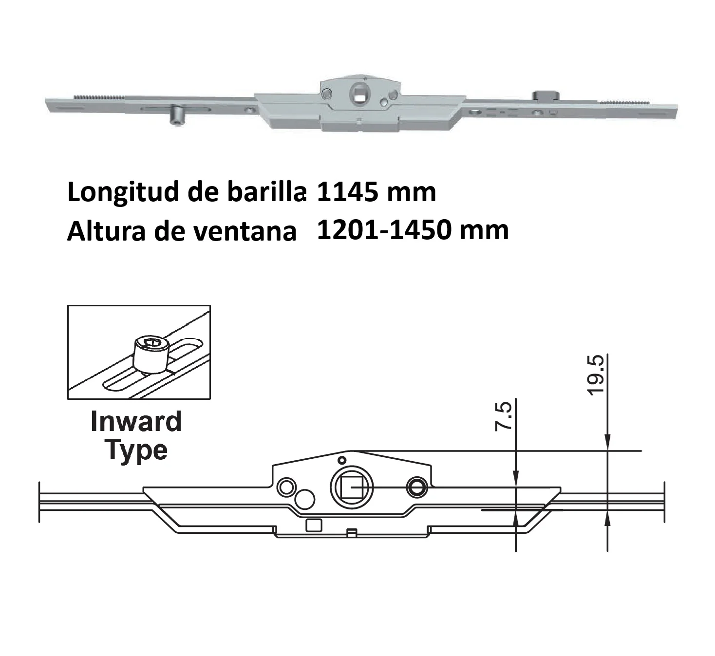 Barra De Transmisión Para Ventanas Apertura Oscilobatiente Upvc Y Aluminio (Altura Max. 1201-1600Mm)
