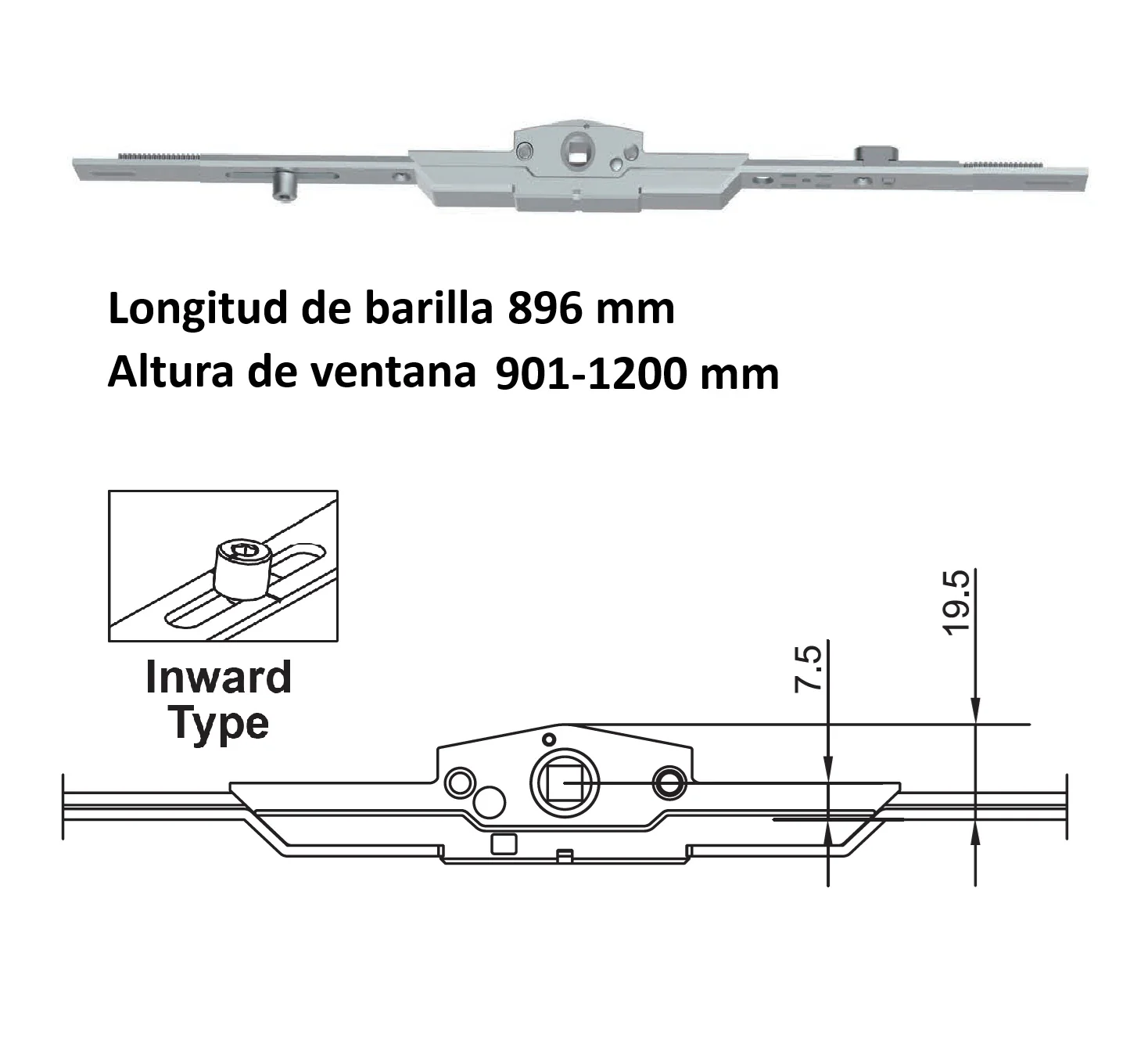 Barra De Transmisión Para Ventanas Apertura Oscilobatiente Upvc Y Aluminio (Altura Max. 901-1200Mm