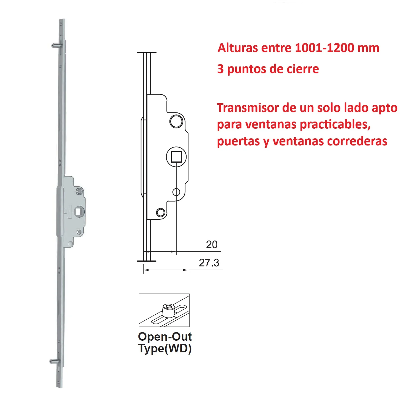 Barra De Transmisión Un Solo Lado Para Ventanas Abatibles Proyección Upvc Y Aluminio (Altura Max. 1000-1200Mm)