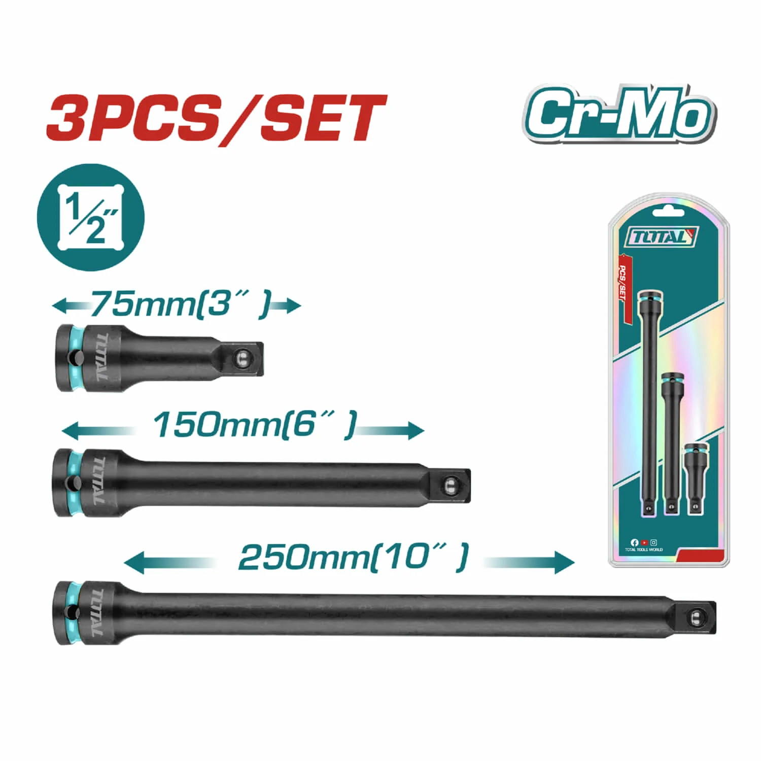 Barras De Extensión De Impacto De 1/2". Material: Cr-V Tratamiento Térmico. Juego De 3 Piezas (75, 150, 250Mm)