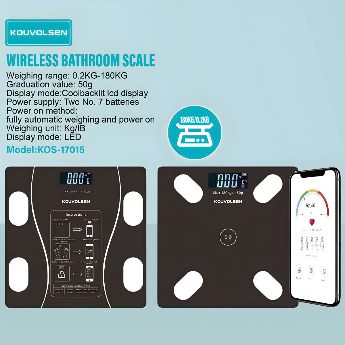Báscula De Baño Con App Móvil. Pesa Balanza Digital Inteligente Con Bluetooth. Capacidad Hasta 180 Kg. Pantalla LED Y Encendido Automático.