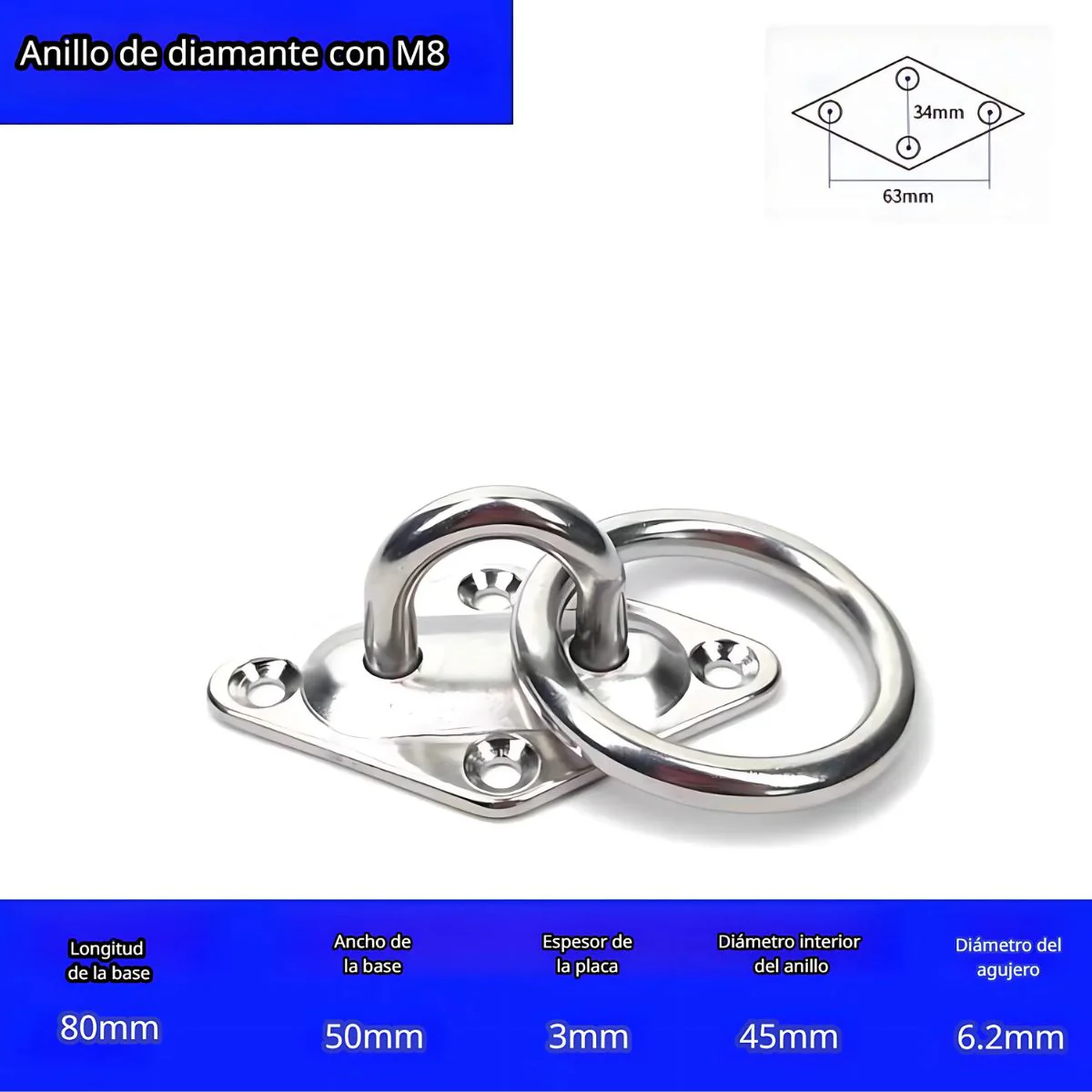 Gancho Anclaje De Acero Inoxidable M8 Con Anillo. Montaje En Forma Diamante Para Hamacas, Columpios Y Sacos De Boxeo. Aro (Unidad) - Image 2