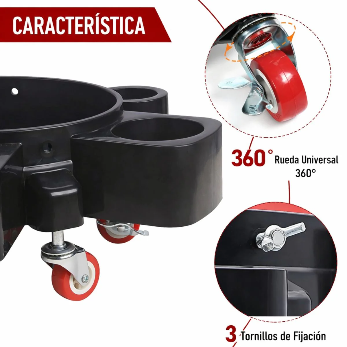 Base Rodante Para Cubeta De Detailing | Dolly Con Ruedas Y Porta Botellas Para Car Wash Lavado De Auto Con 5 Ruedas. Capacidad 250 Lb. Diámetro 45 Cm. Color Negro. - Image 5