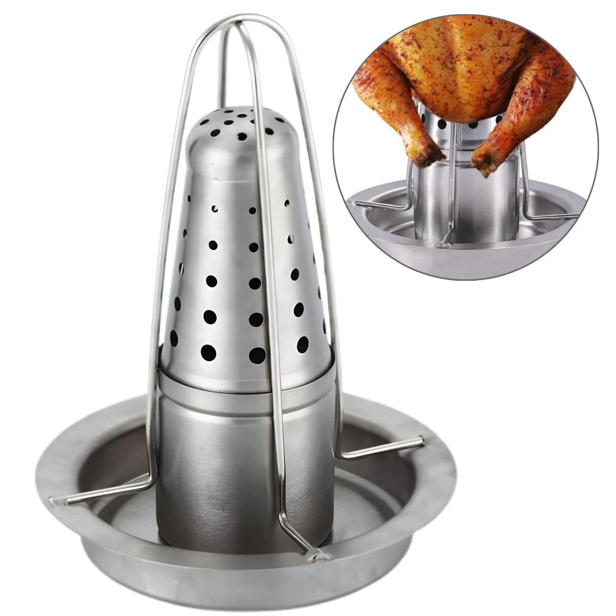 Base Rostizador Asador De Pollo Al Barril Vertical Acero Inoxidable 7"X9" (18X23cm) Con Aromatizador Para Cerveza, Vino Y Especias.