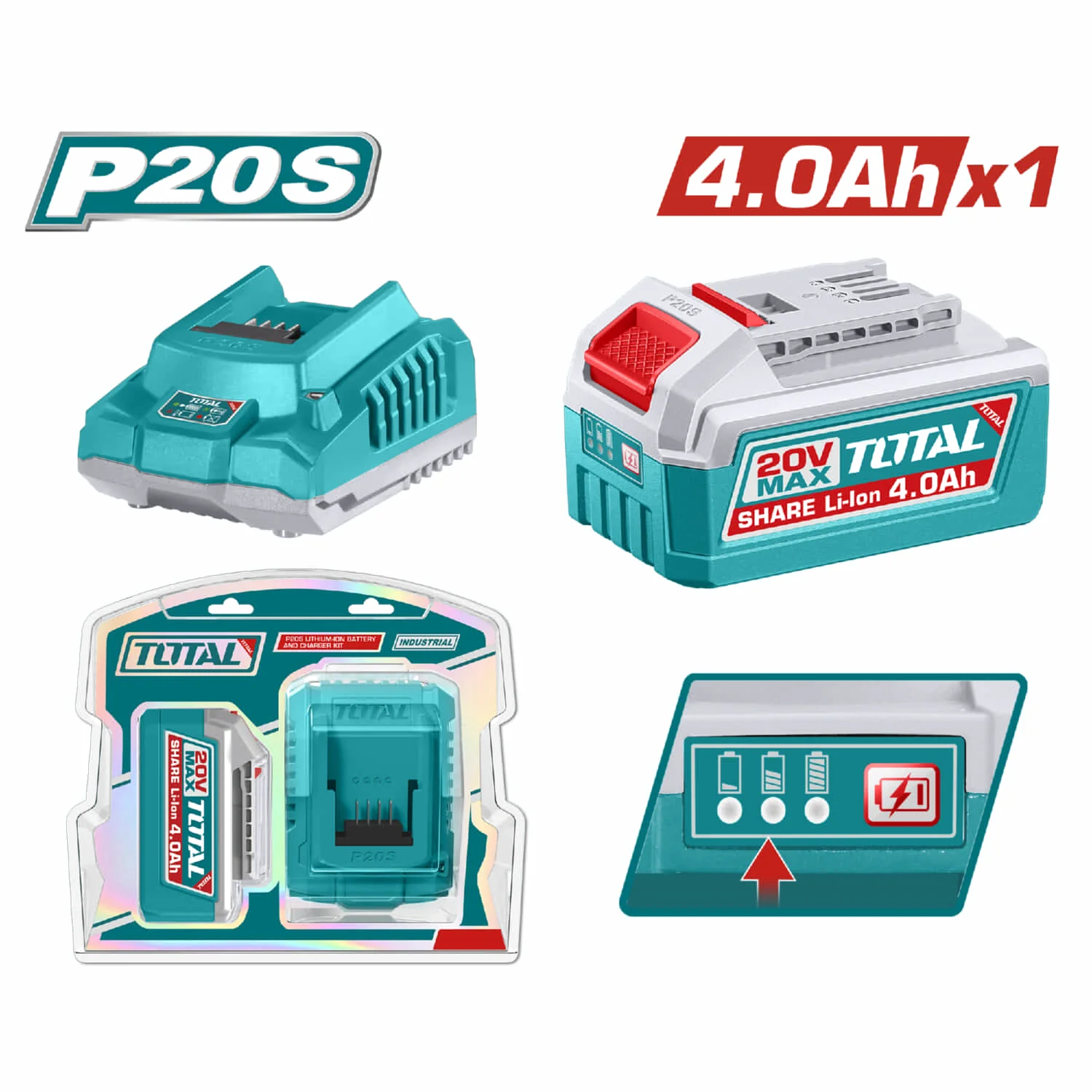 Batería 4.0Ah Indicador LED Y Cargador 20V Salida 2A. Se Vende En Par.  Compatible Con Herramientas P20S
