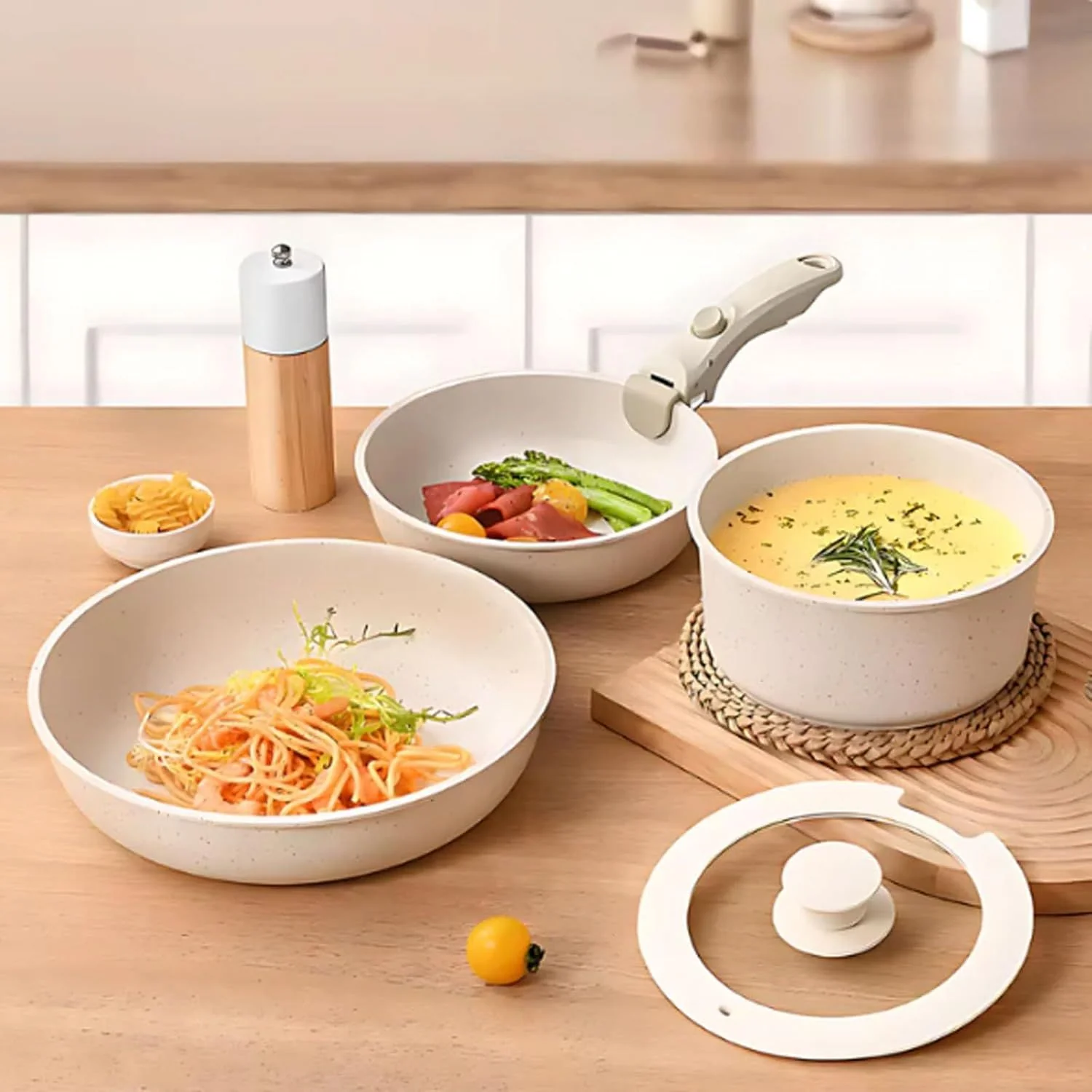 Ollas Y Sartenes Antiadherentes Set De 5 Piezas Con Mango Desmontable. Incluye Sartén, Cacerola Y Tapa De Vidrio