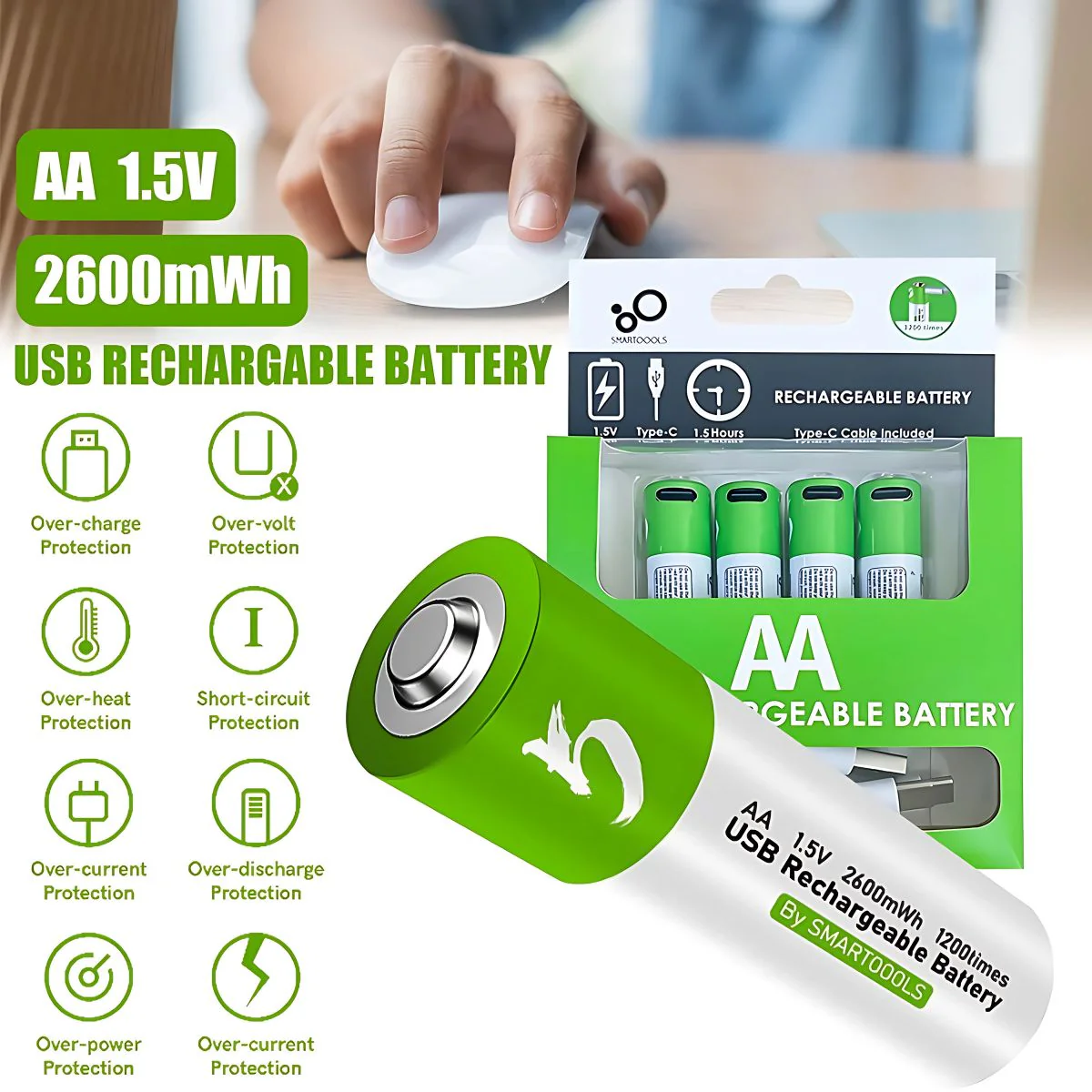 Baterías AA Recargables Con Carga USB-C, 1.5V 2600Mwh. Con 1200 Ciclos De Vida. (Pack De 4 Unidades) - Image 4
