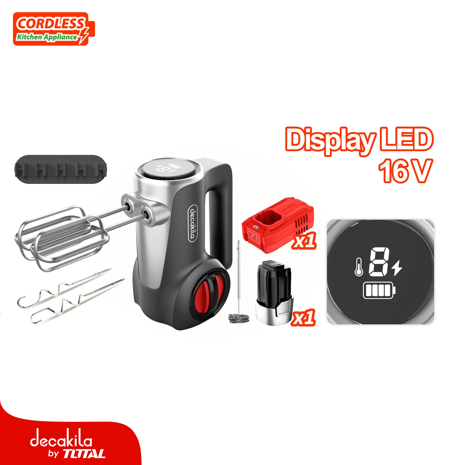 Batidora De Mano Inalámbrica Gris 125W. 16V. 7 Velocidades. Incluye Batería Y Cargador.