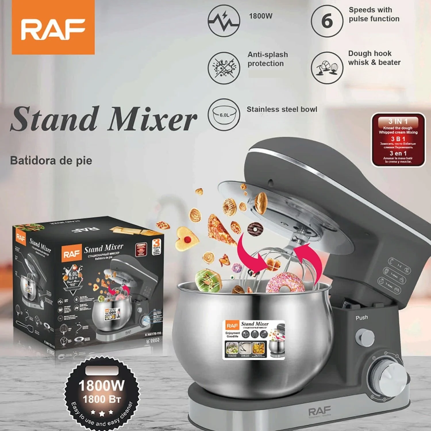 Batidora De Pie 5L 1800W 110V/60Hz 6 Velocidades Con Bowl  Función Pulso Incluye Accesorios.  Mezcladora