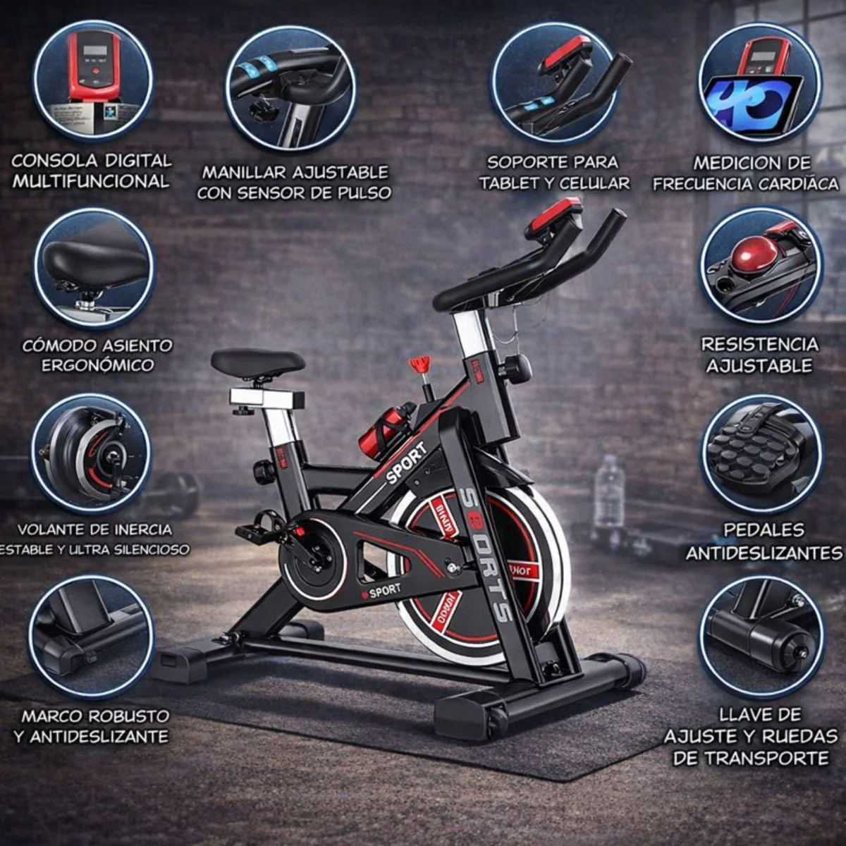 Bicicleta Spinning Estática Para Interiores Con Volante De Inercia Y Monitor Digital. Color Negro Y Rojo (106X120cm). - Image 3