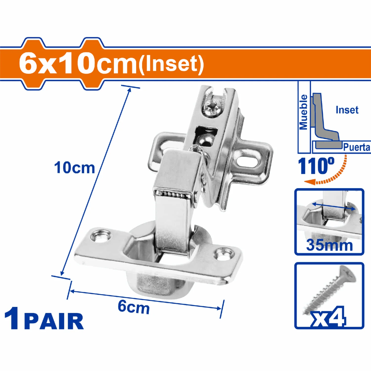 Bisagras Ocultas 110º Empotradas 6X10cm. Auto Cierre. Incluye 4 Tornillos. Viene En Par.