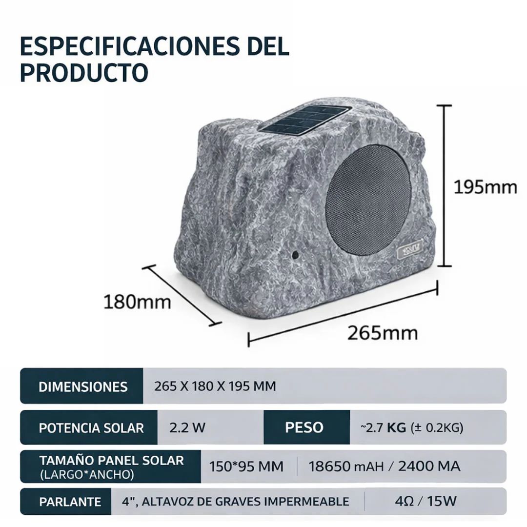 Bocina Bluetooth Estilo Piedra Con Control Remoto (IP65). Altavoz Con Panel Solar Para Exteriores(26.5×18×19.5Cm). Color Gris. - Image 2