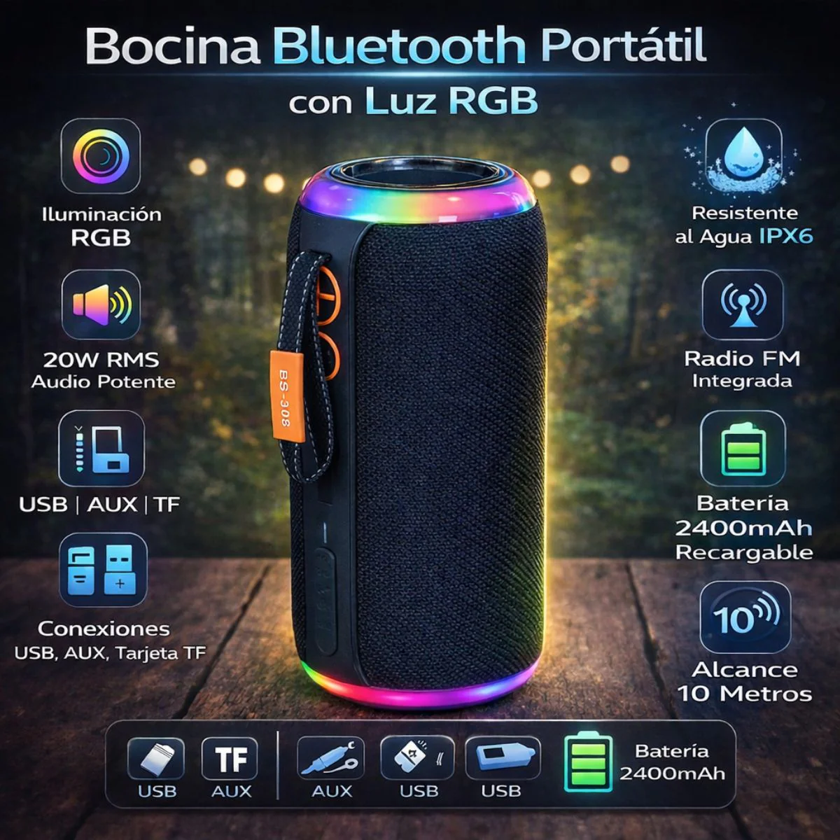Bocina Bluetooth Portátil 20W Con Luz RGB. Altavoz Parlante Inalámbrico Resistente Al Agua IPX6 Con Radio FM, USB, AUX, TF Y Batería 2400Mah.