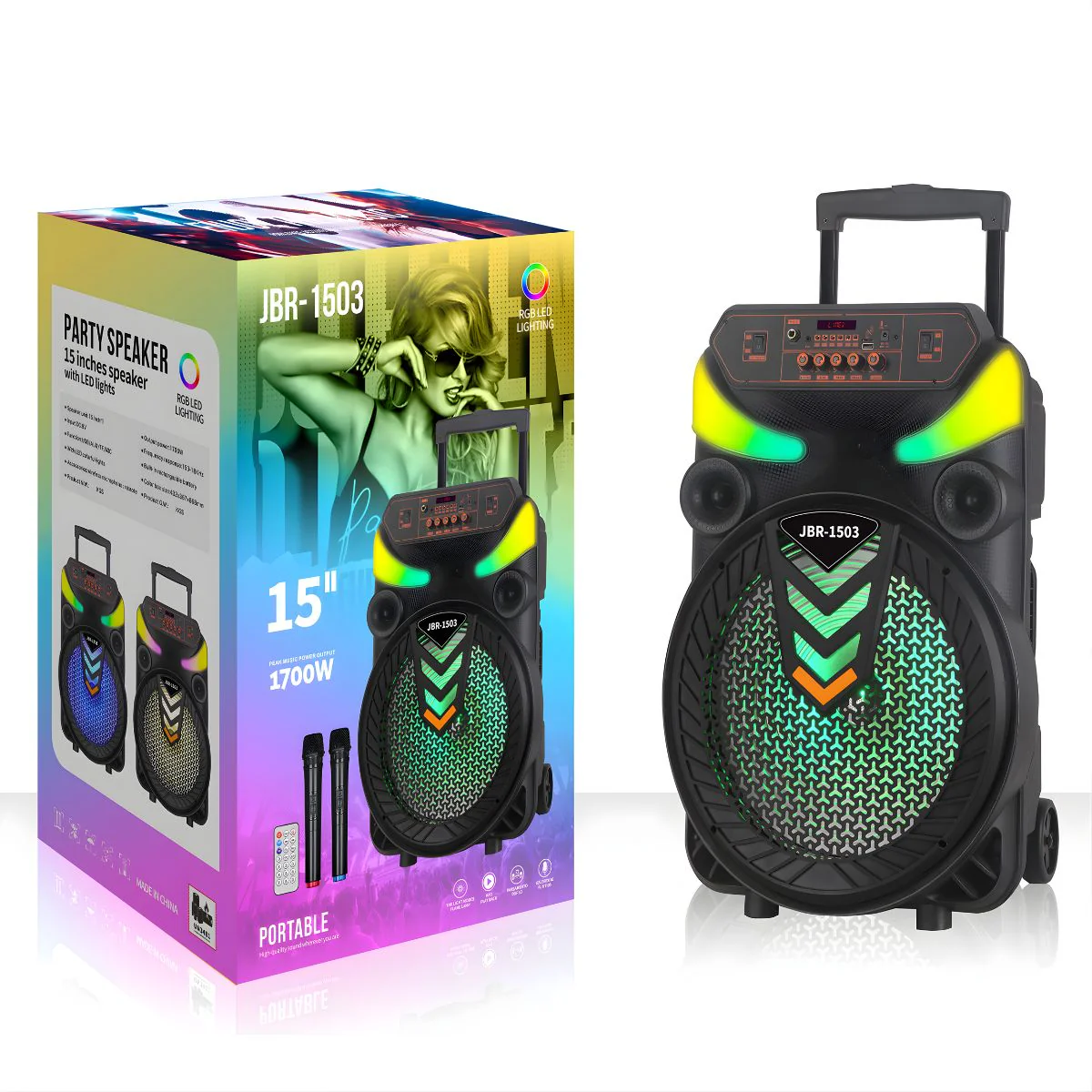 Bocina Bluetooth Portátil De 15” Con Luz LED RGB. Altavoz Inalámbrico Con Micrófonos, Batería Recargable 3000Mah Y Control Remoto. Color Negro. - Image 2